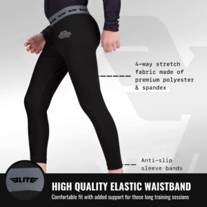 Elite Sports Kids MMA BJJ Athletic Spats Leggings Tights, Kids Jiu Jitsu Compression Base Layer Training Workout Pants (Black, Medium)