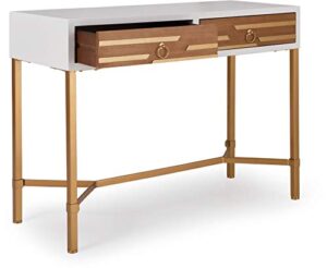 adore decor jupiter console table with 2 drawers, mid century modern rectangular small space accent desk for living room, entryway, home office, metal legs, easy assembly, white and gold