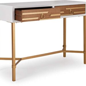 Adore Decor Jupiter Console Table with 2 Drawers, Mid Century Modern Rectangular Small Space Accent Desk for Living Room, Entryway, Home Office, Metal Legs, Easy Assembly, White and Gold