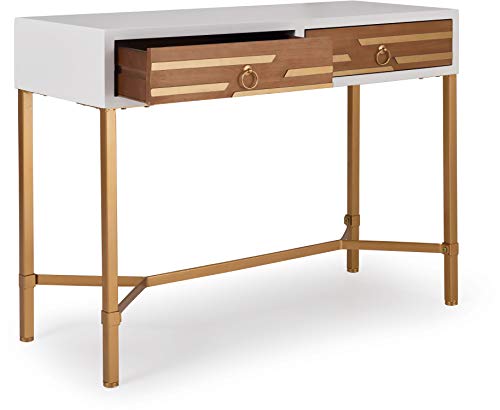 Adore Decor Jupiter Console Table with 2 Drawers, Mid Century Modern Rectangular Small Space Accent Desk for Living Room, Entryway, Home Office, Metal Legs, Easy Assembly, White and Gold