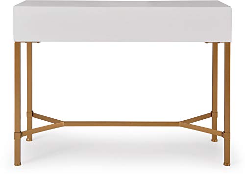 Adore Decor Jupiter Console Table with 2 Drawers, Mid Century Modern Rectangular Small Space Accent Desk for Living Room, Entryway, Home Office, Metal Legs, Easy Assembly, White and Gold