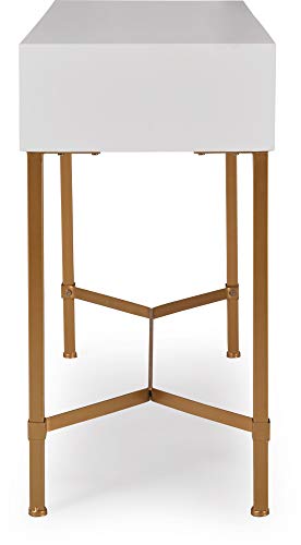 Adore Decor Jupiter Console Table with 2 Drawers, Mid Century Modern Rectangular Small Space Accent Desk for Living Room, Entryway, Home Office, Metal Legs, Easy Assembly, White and Gold