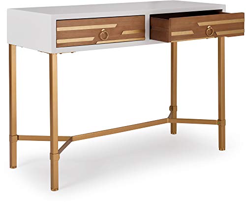 Adore Decor Jupiter Console Table with 2 Drawers, Mid Century Modern Rectangular Small Space Accent Desk for Living Room, Entryway, Home Office, Metal Legs, Easy Assembly, White and Gold