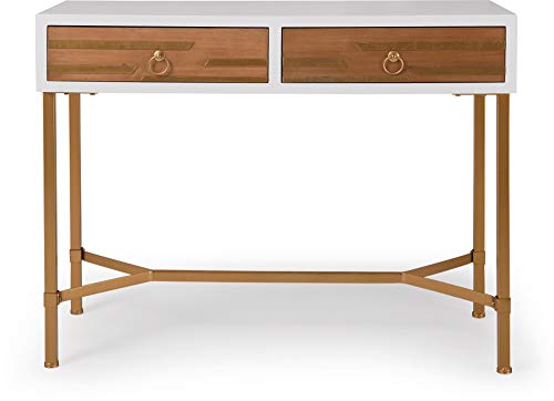 Adore Decor Jupiter Console Table with 2 Drawers, Mid Century Modern Rectangular Small Space Accent Desk for Living Room, Entryway, Home Office, Metal Legs, Easy Assembly, White and Gold