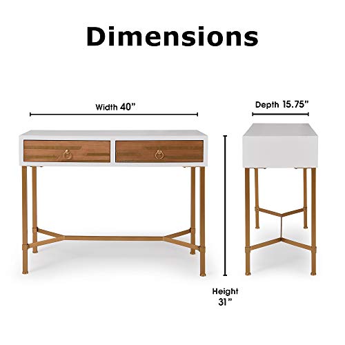 Adore Decor Jupiter Console Table with 2 Drawers, Mid Century Modern Rectangular Small Space Accent Desk for Living Room, Entryway, Home Office, Metal Legs, Easy Assembly, White and Gold