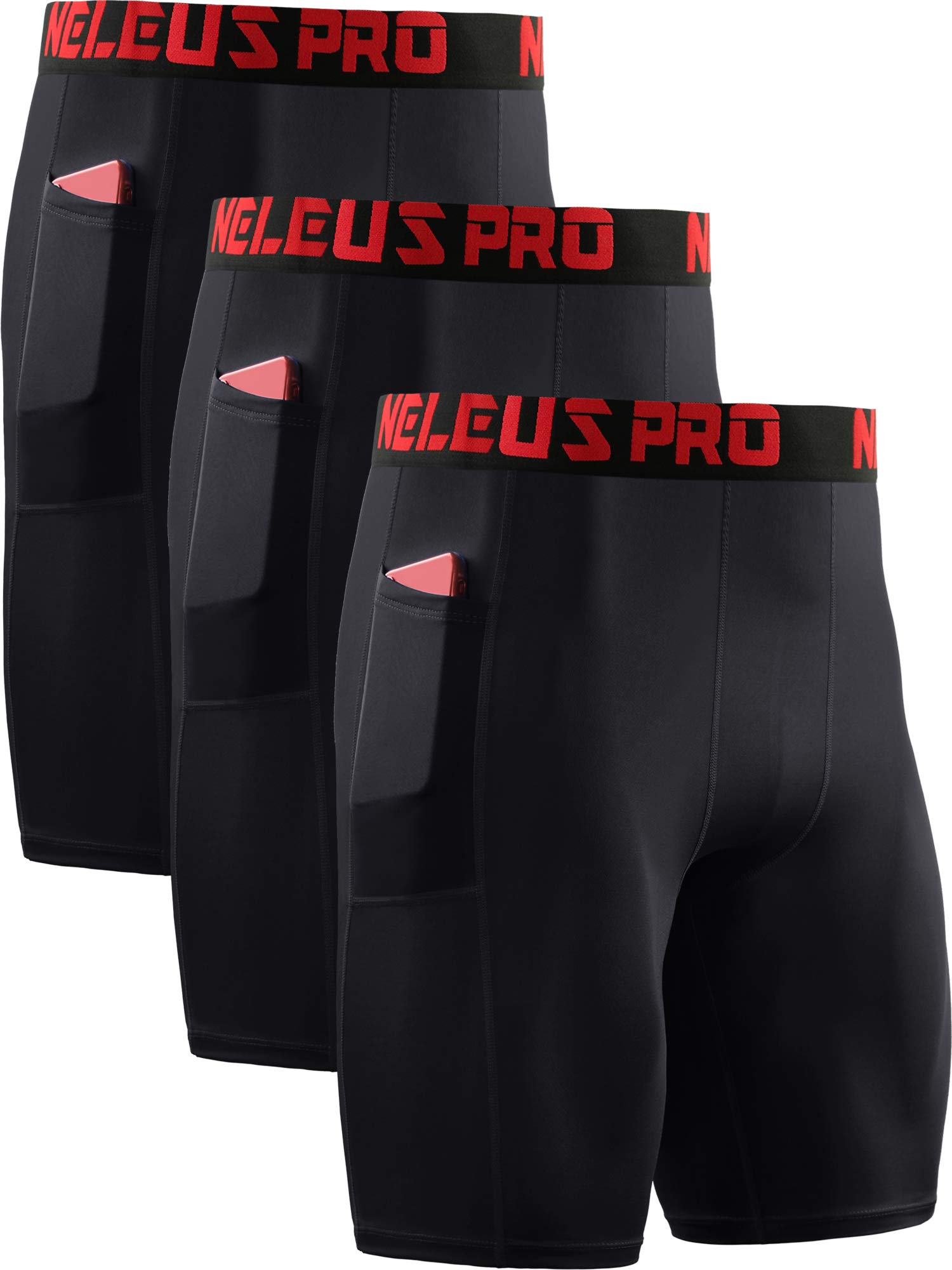 NELEUS Men's Compression Shorts with Pockets 3 Pack,6064,Black/Black/Black,US L,EU XL