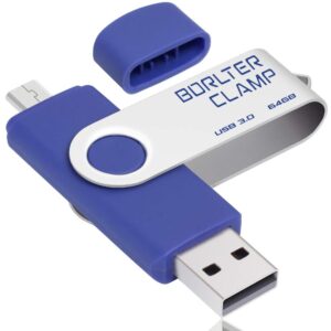 borlterclamp 64gb usb 3.0 flash drive dual port memory stick, otg swivel pen drive with micro usb drive port for android smartphone tablet & computer (blue)