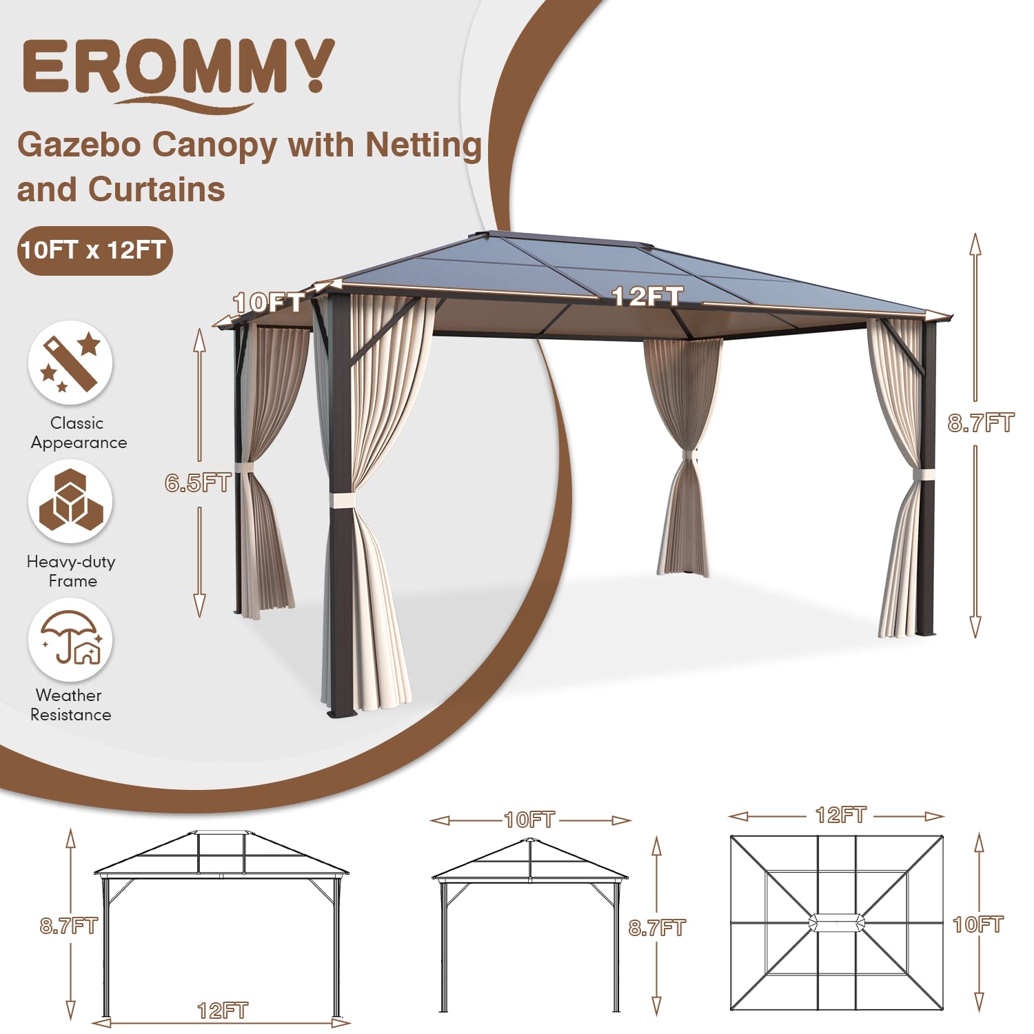 EROMMY 10' x 12' Gazebo Single Polycarbonate Roof Canopy Outdoor Aluminum Frame Permanent Pergolas with Netting and Curtains for Patio Backyard Garden Lawns Parties