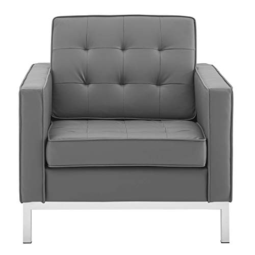 Modway Loft Tufted Button Faux Leather Upholstered Accent Armchair in Silver Gray