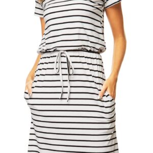 Womens Cute Short Sleeve Casual Pockets Modest Midi Dress Striped White Black XL