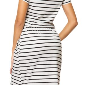 Womens Cute Short Sleeve Casual Pockets Modest Midi Dress Striped White Black XL