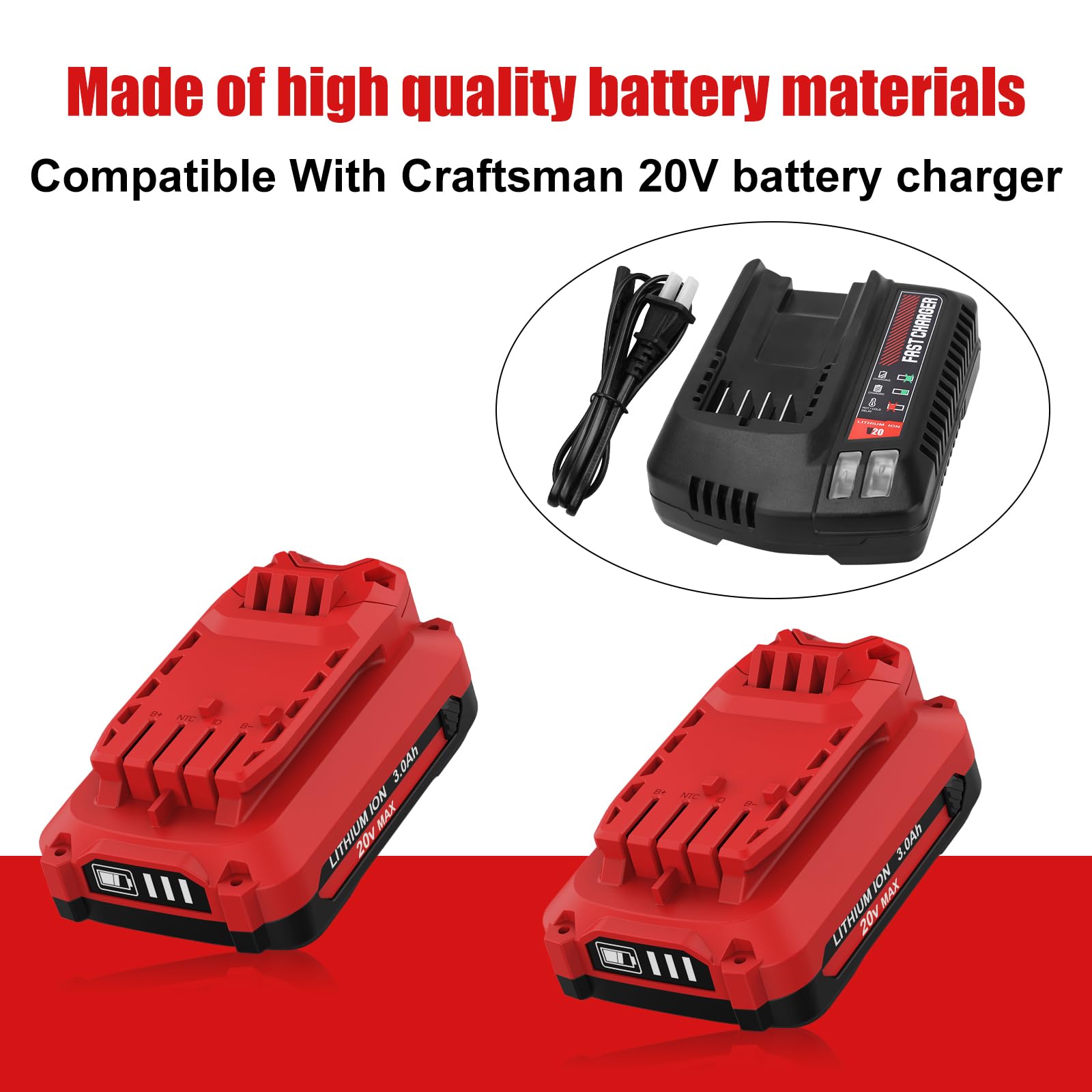 2 Pack 20V 3.0Ah Replacement for Craftsman 20 Volt Lithium Ion Battery Compatible with Craftsman V20 MAX CMCB201 CMCB202 CMCB202-2 CMCB204-2 CMCB205 CMCB206 CMCS500B CMCD700C Cordless Power Tools