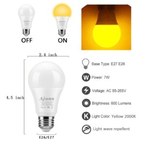 Ajuns Dusk to Dawn Bug Bulb Outdoor Sensor Yellow Bug Light Bulbs Automatic On/Off，for Terrace, Deck, Backyard, Porch, 7W Yellow Lights 2000K, 2 Packs