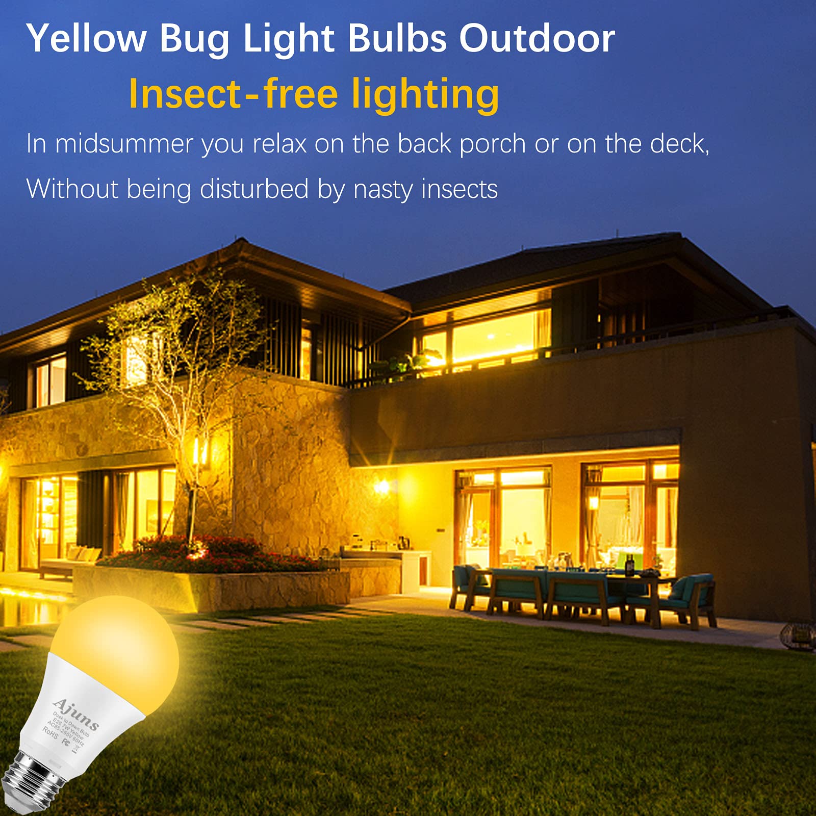 Ajuns Dusk to Dawn Bug Bulb Outdoor Sensor Yellow Bug Light Bulbs Automatic On/Off，for Terrace, Deck, Backyard, Porch, 7W Yellow Lights 2000K, 2 Packs