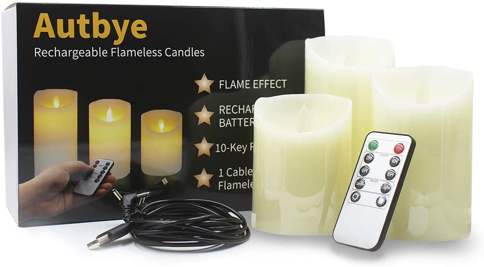 Autbye Rechargeable Flameless Candles, LED Flickering Candles Tealights Pillar Candles Sets with Adjustable Brightness and Timing Remote, 4in 5in 6in Pack of 3