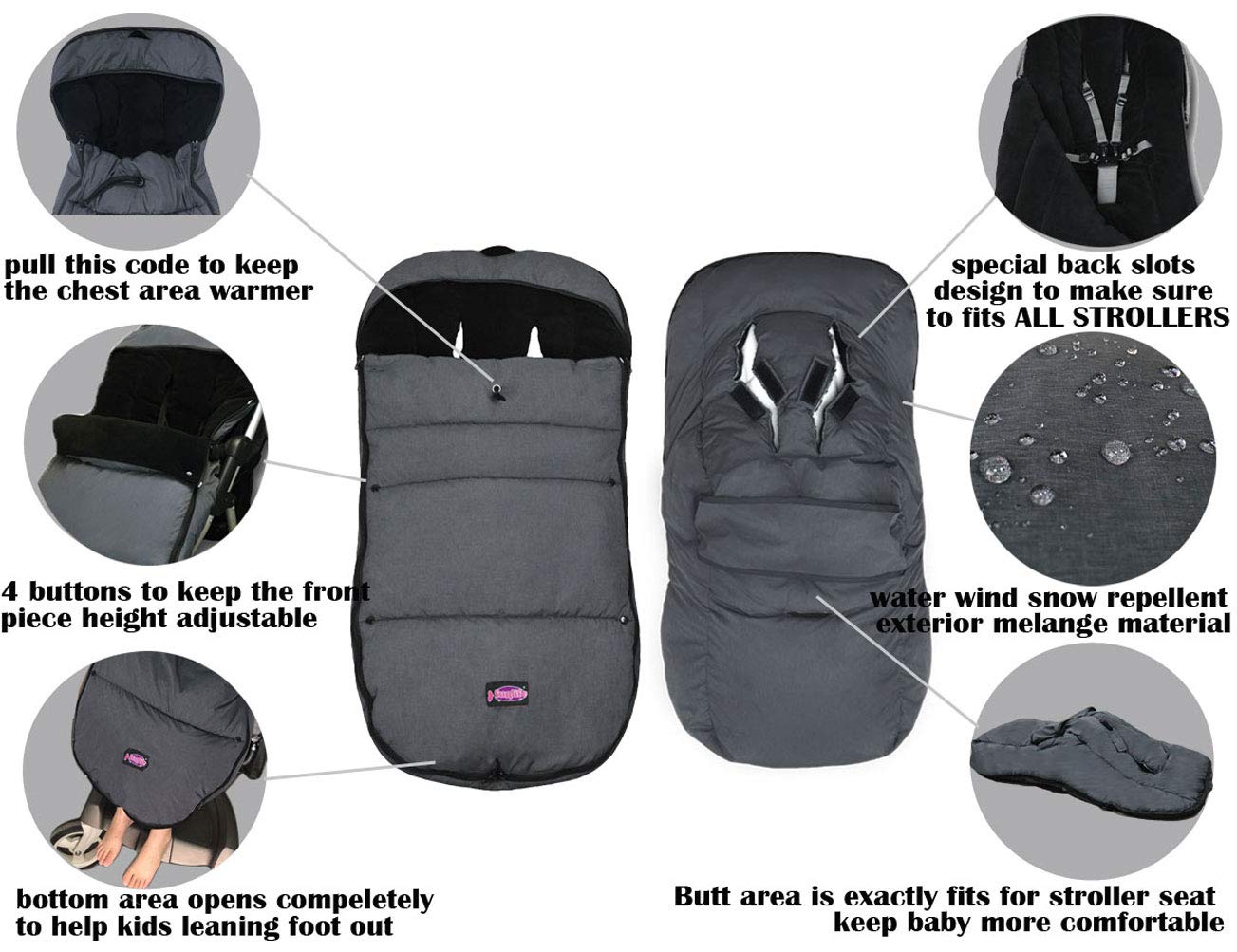 3-in-1,3D Cotton Filling The Worlds Most Comfortable Universal Baby Stroller Sleeping Bag, Cozy Warm Footmuff Fits All Stroller, 2x2 Zippers Easy for Baby in&Out, Bottom Open,Front Piece Removable