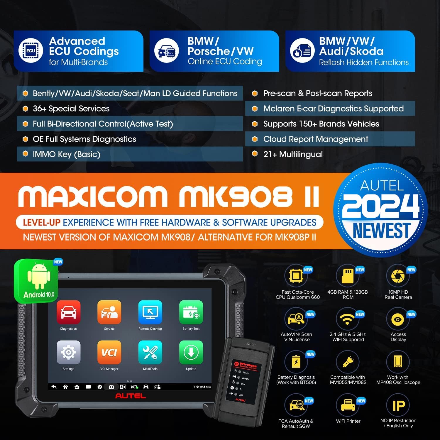 Autel MaxiCOM MK908 II w/ $60 MV108S, AutoScan 2.0, 2024 Upgraded of MK908/ MaxiSys MS908S MS906 PRO MS906BT, Advanced ECU Coding Adaption, Active Test, 36+ Services, Support BT506 MV108S FCA AutoAuth