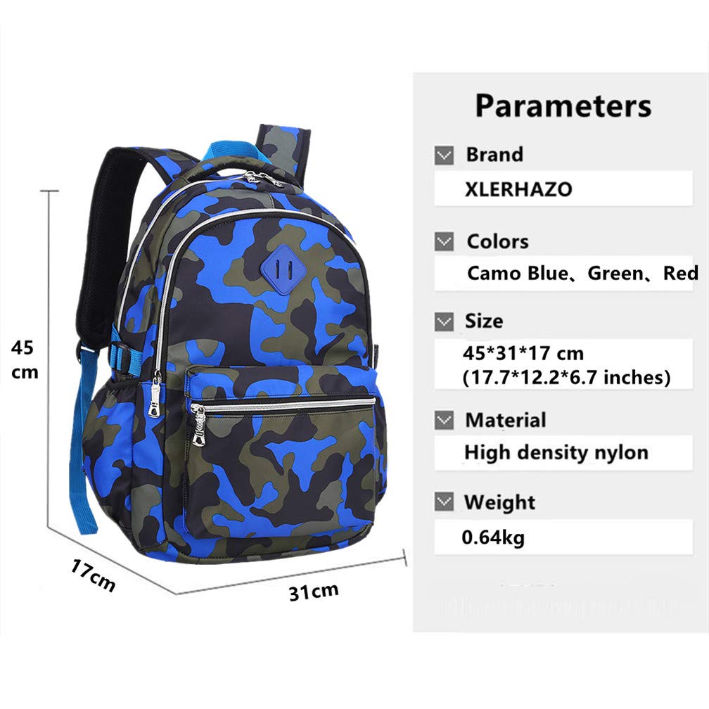 XLERHAZO School Backpack Lunch Box Set Water Repellent Casual Daypack Lightweight Bookbags for Kids (Camouflage Blue)