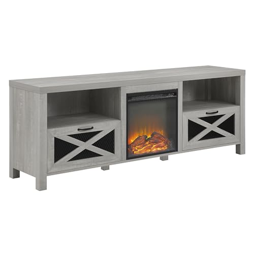 Walker Edison Calgary Industrial Farmhouse X-Drawer Metal Mesh and Wood Fireplace TV Stand for TVs up to 80 Inches, 70 Inch, Stone Grey