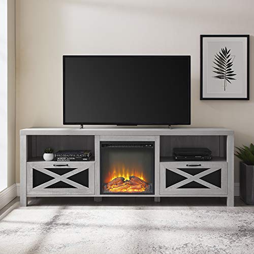 Walker Edison Calgary Industrial Farmhouse X-Drawer Metal Mesh and Wood Fireplace TV Stand for TVs up to 80 Inches, 70 Inch, Stone Grey