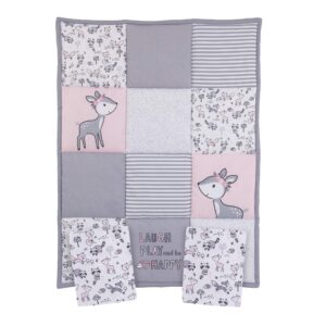 little love by nojo sweet deer, grey, pink, white 3piece nursery mini crib bedding set with comforter, 2 fitted mini crib sheets, pink, grey, white, charcoal