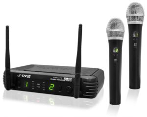 pyle professional wireless handheld microphone system - dual uhf band, wireless, handheld, 2 mics w/ 8 selectable frequency channels, independent volume controls, af & rf signal indicators