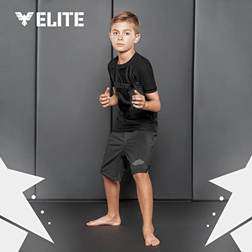 Elite Sports Rash Guards for Boys and Girls, Short Sleeve Compression BJJ Kids and Youth Rash Guard (Black, Large)