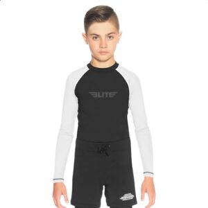 Elite Sports Rash guards for boys and girls, full sleeve compression BJJ kids and youth rash guard (White, Large)