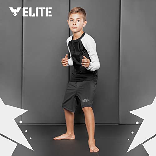 Elite Sports Rash guards for boys and girls, full sleeve compression BJJ kids and youth rash guard (White, Large)