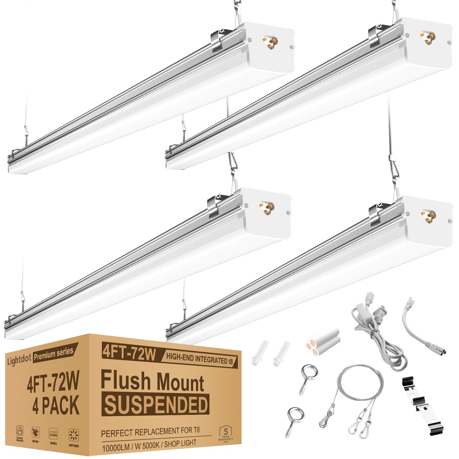 Upgrade 4FT 2.5inch 72w Linkable LED Shop Light, 10000LM 100-277V Garage Light with 5ft On/Off Switch Plug, 5000K Daylight, Hanging Flushmount Available Plug and Play-4Pack