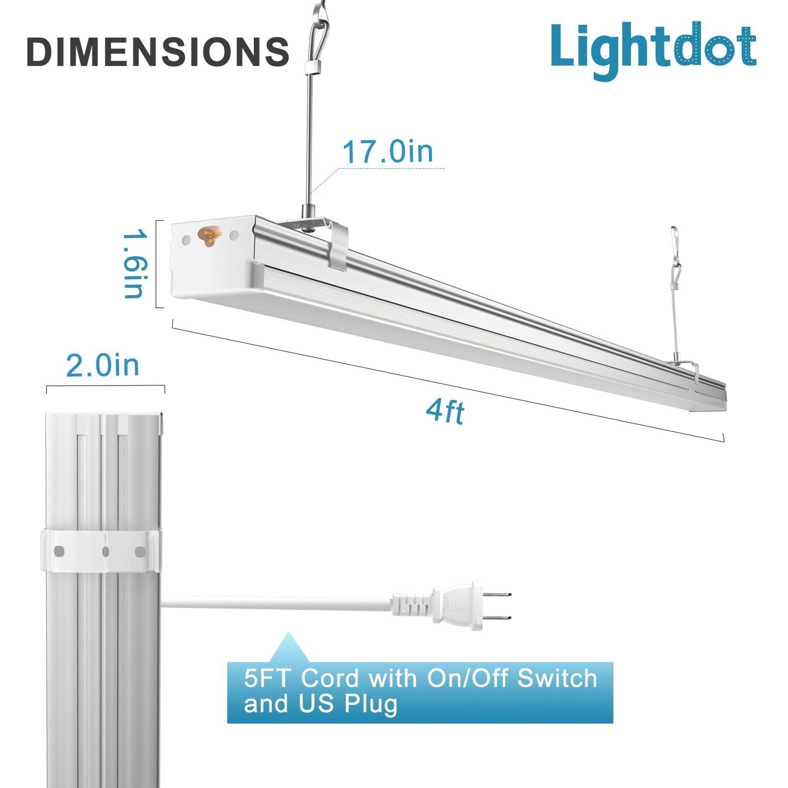 Upgrade 4FT 2.5inch 72w Linkable LED Shop Light, 10000LM 100-277V Garage Light with 5ft On/Off Switch Plug, 5000K Daylight, Hanging Flushmount Available Plug and Play-4Pack