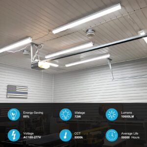 Upgrade 4FT 2.5inch 72w Linkable LED Shop Light, 10000LM 100-277V Garage Light with 5ft On/Off Switch Plug, 5000K Daylight, Hanging Flushmount Available Plug and Play-4Pack