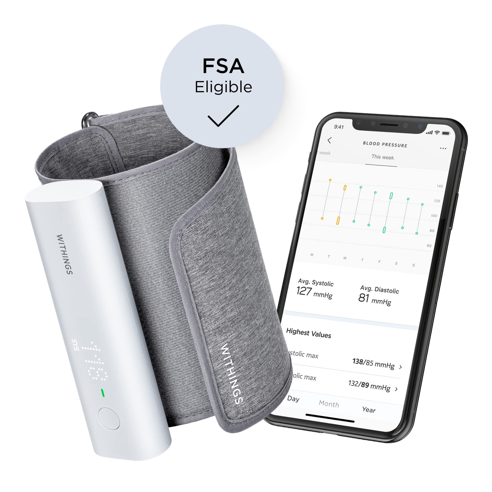 Withings BPM Connect - Digital Blood Pressure Cuff & Heart Rate Monitor - Blood Pressure Machine Arm Cuff, FDA Cleared, FSA/HSA Eligible, IOS & Android