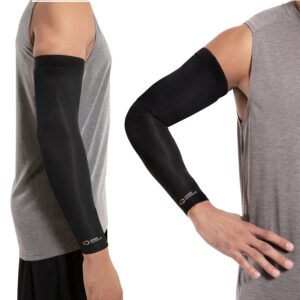 copper compression arm sleeve - copper infused full arm brace for forearm, bicep, triceps - tennis elbow, basketball, golf, arthritis, tendonitis, bursitis, post surgery rehab - black - m