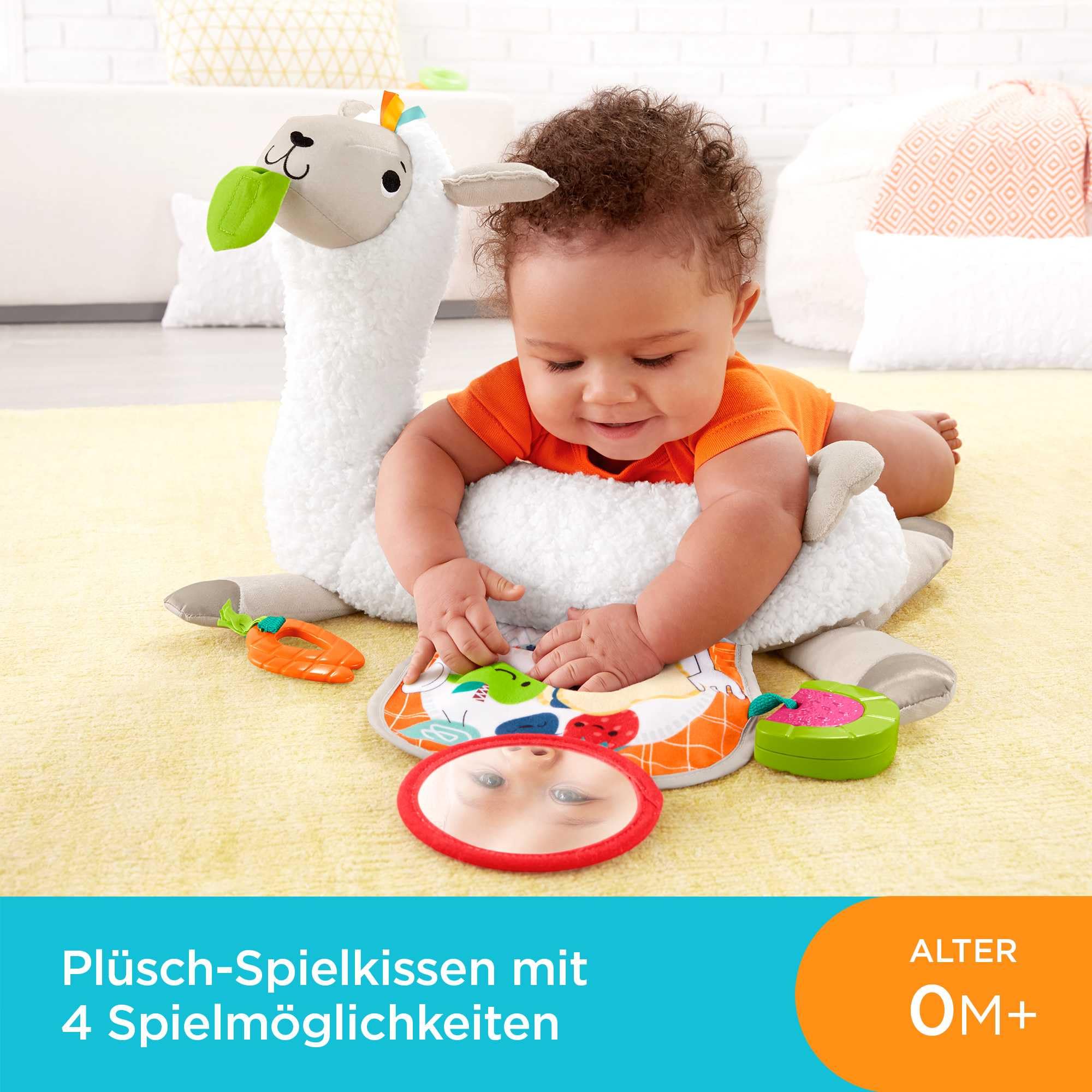 Fisher-Price Baby Toy Grow-with-Me Tummy Time Llama Plush with Rattle, Mirror & Teether for Sensory Play