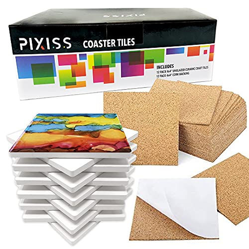 12 Pack Ceramic Tiles for Crafts Coasters, Ceramic White Tiles Unglazed 4x4 with Cork Backing Pads, Use with Alcohol Ink or Acrylic Pouring, DIY Make Your Own Coasters, Mosaics, Painting Projects