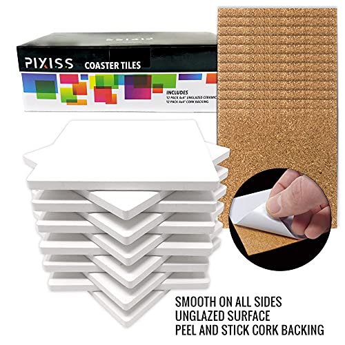 12 Pack Ceramic Tiles for Crafts Coasters, Ceramic White Tiles Unglazed 4x4 with Cork Backing Pads, Use with Alcohol Ink or Acrylic Pouring, DIY Make Your Own Coasters, Mosaics, Painting Projects