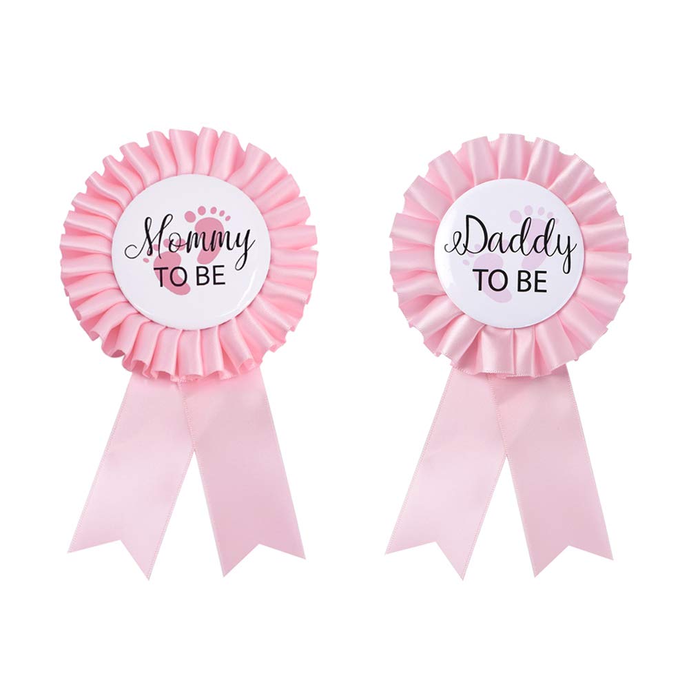 Daddy to be & Mom to be Tinplate Badge Pin - Baby Shower Button New Dad Gifts Gender Reveals Party Baby Girl Pink Rosette Button Baby Celebration (Light Pink)