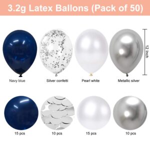 Navy Blue and Silver Confetti Balloons, 50pcs 12 inch Metallic Silver and White Pearl Party Balloons for Shower Wedding Engagement Birthday Graduation Supplies