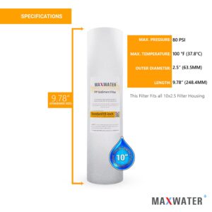 Max Water 10 inch x 2.5 inch, 1 Micron Replacement Sediment Water Filter Cartridge for Whole House, Melt Blown Filtration Fiber for Heavy Duty (Pack of 50)