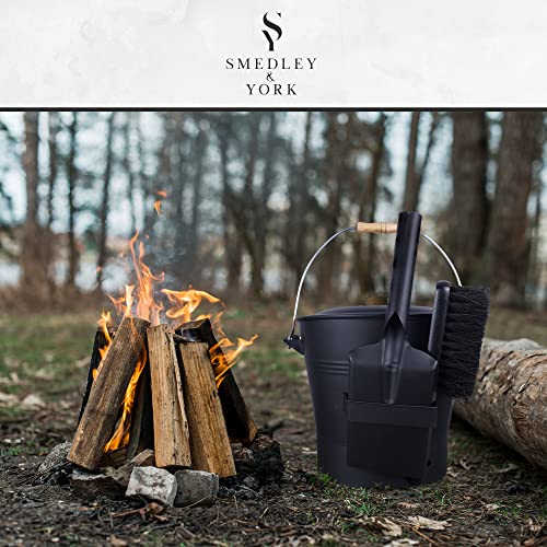 Smedley & York 2.15 Gallon Black Ash Bucket and Fireplace Tool Set with Lid, Shovel & Broom