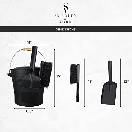 Smedley & York 2.15 Gallon Black Ash Bucket and Fireplace Tool Set with Lid, Shovel & Broom