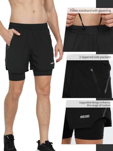 ARSUXEO Men's 2 in 1 Active Running Shorts with 2 Zipper Pockets B191 Black Size Medium