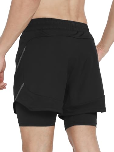 ARSUXEO Men's 2 in 1 Active Running Shorts with 2 Zipper Pockets B191 Black Size Medium