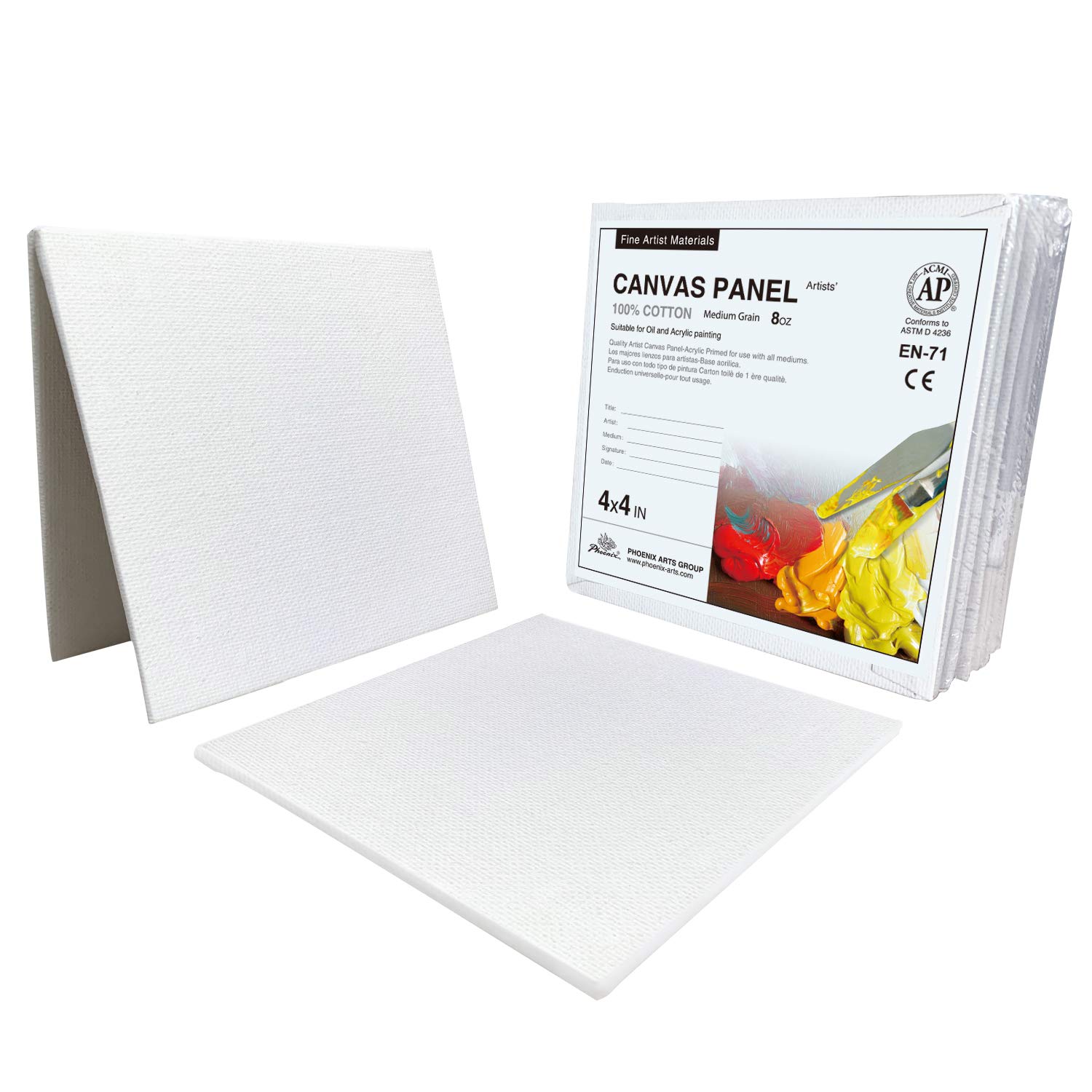 PHOENIX Small Painting Canvas Panels 4x4 Inch, 12 Value Pack - 8 Oz Triple Primed 100% Cotton Acid Free Square Canvas Boards for Painting, White Blank Flat Canvas Boards for Acrylic, Oil Paints