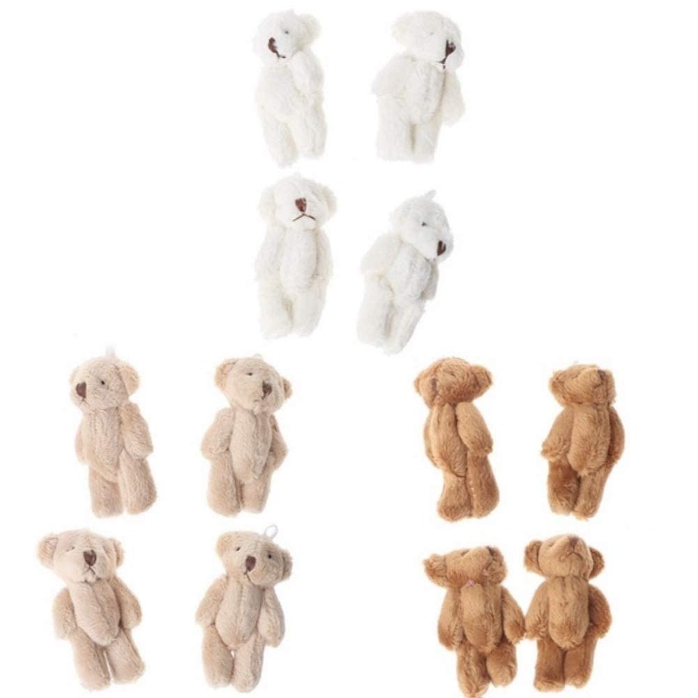 CheeseandU 12Pcs 6CM Plush Small Joint Teddy Bear Bulk Stuffed Animal Toys Wedding Gift Box Doll Toy for Birthday Cake Wedding Decorations Party Favors Supplies Bag DIY Accessory,White&Beige&Brown