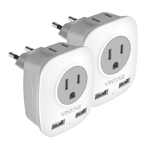 [2-Pack] European Travel Plug adapter, VINTAR International Power Plug Adapter with 2 USB Ports,2 American Outlets- 4 in 1 Outlet Adapter,Travel Essentials to Italy,Greece,France, Spain (Type C)