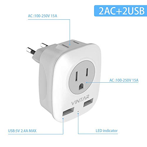 [2-Pack] European Travel Plug adapter, VINTAR International Power Plug Adapter with 2 USB Ports,2 American Outlets- 4 in 1 Outlet Adapter,Travel Essentials to Italy,Greece,France, Spain (Type C)