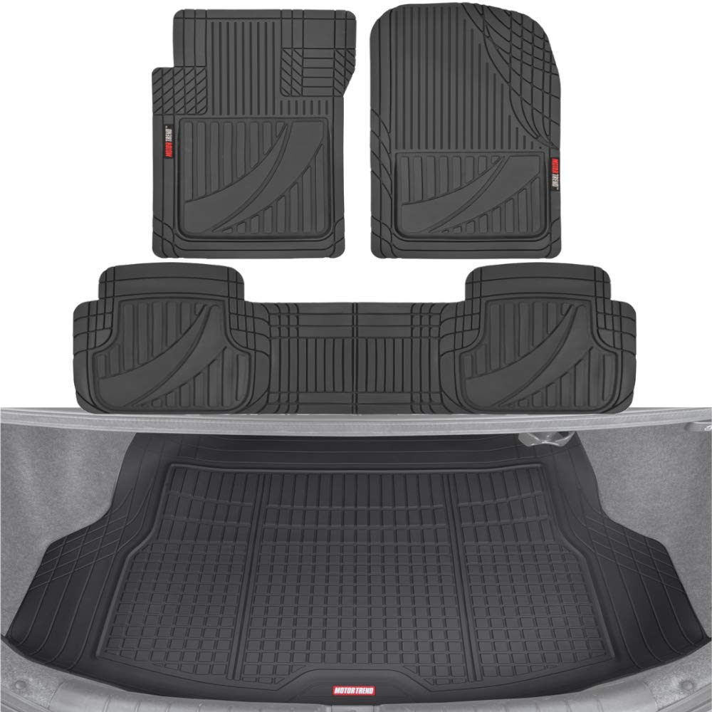 Motor Trend FlexTough Advanced Black Rubber Floor Mats with Cargo Liner Full Set - Front & Rear Combo Trim to Fit for Cars Van SUV, All Weather