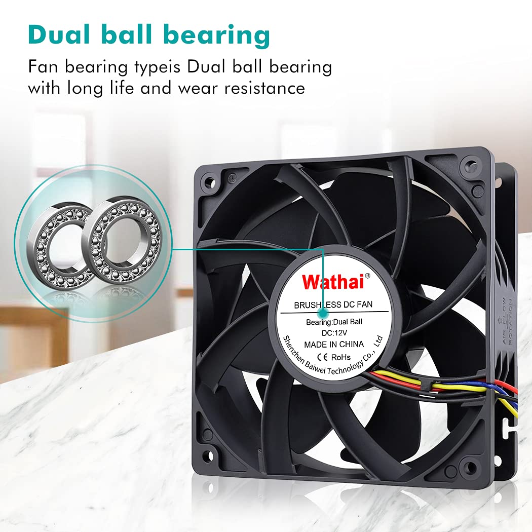 Wathai 12038 120mm x 38mm PWM Computer PC Case Fan 12V 4pin 5300rpm High Airflow Duall Ball CFM FG DC Brushless Cooling Fan